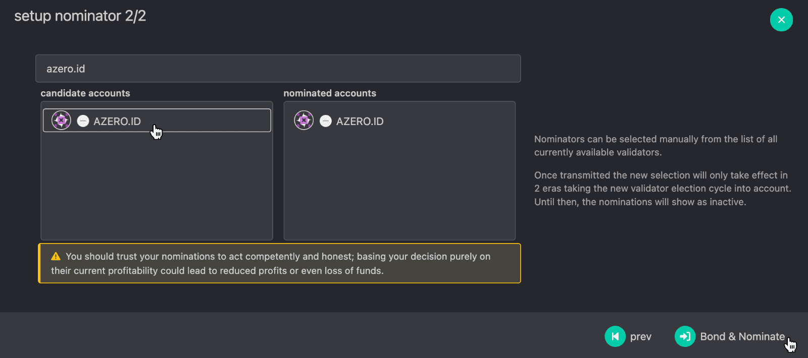 Select the AZERO.ID validator