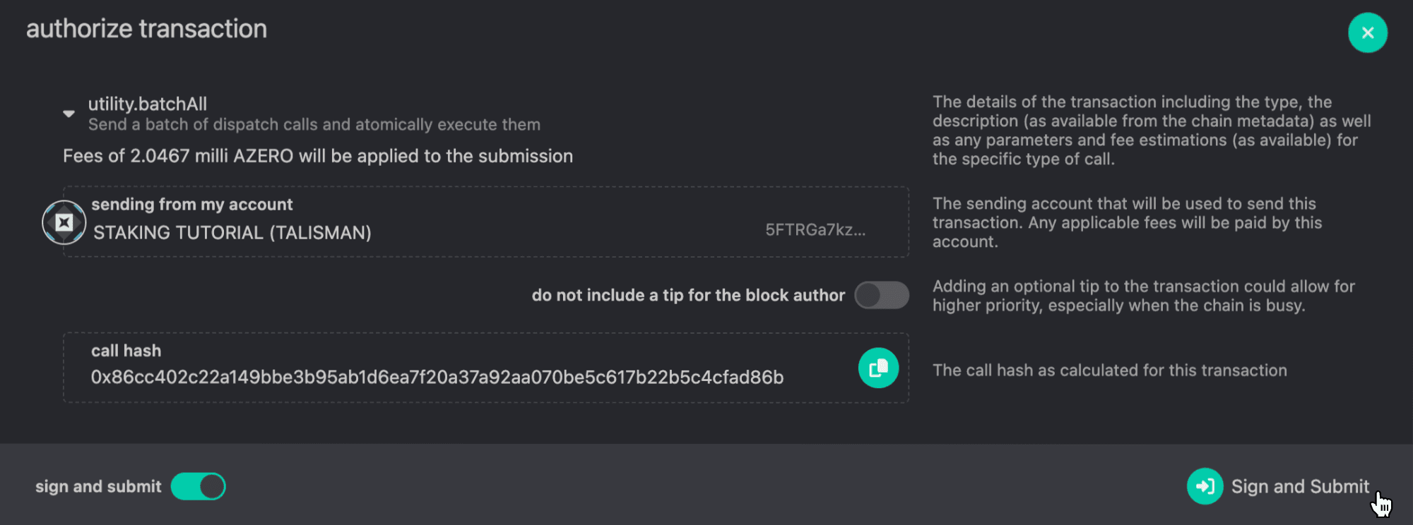 Sign the staking transaction